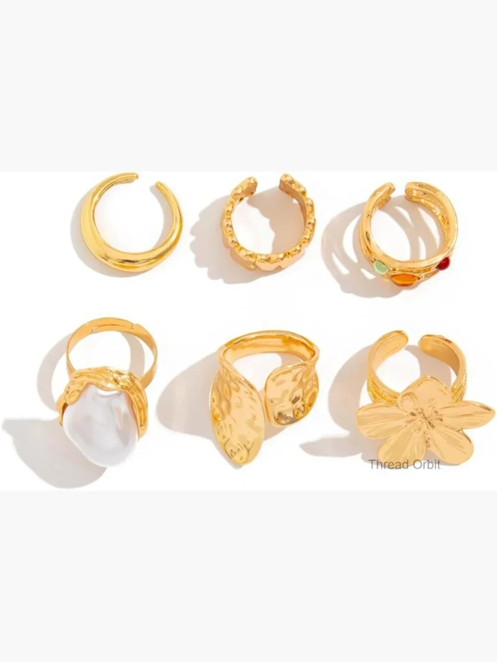 6pcs Baroque Pearl Flower Stackable Ring Set Adjustable Boho